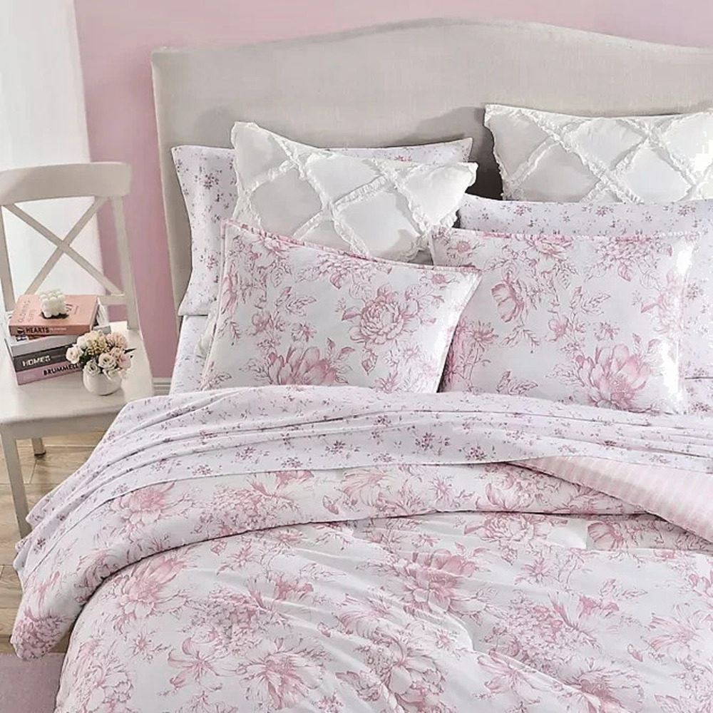 Laura Ashley Delphine Full Queen Comforter Set Pink Floral Cotton 3 Piece NEW